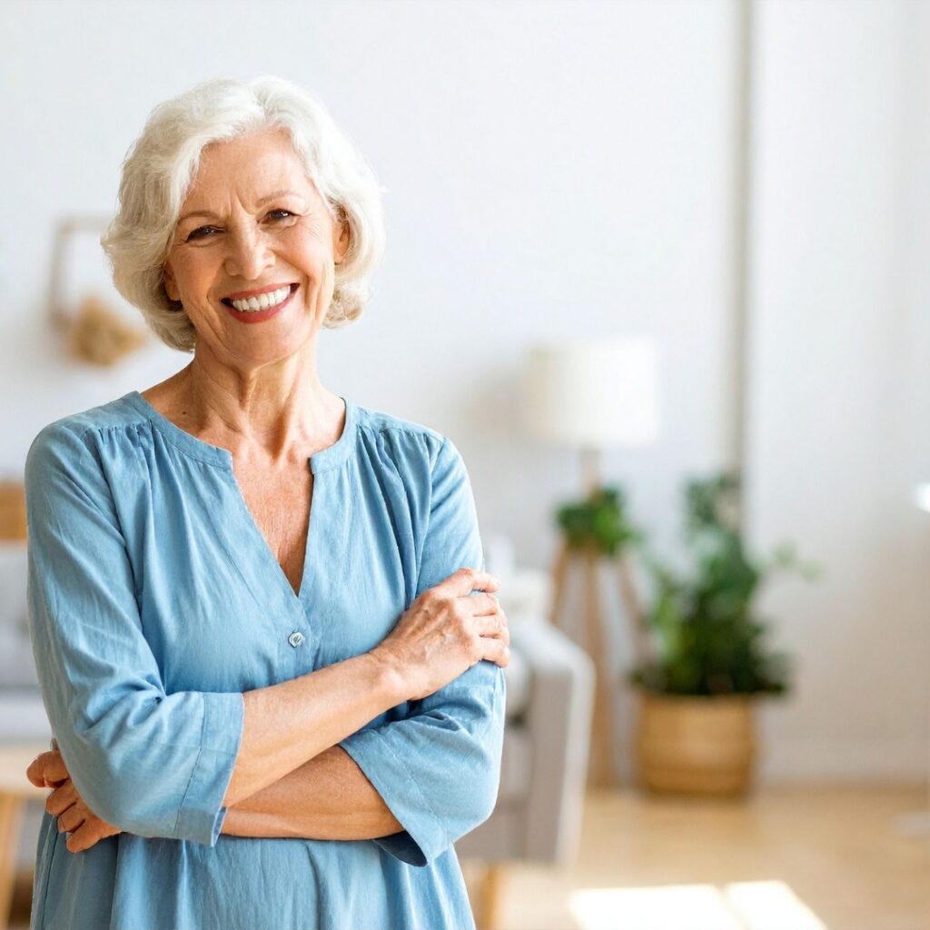 Smiling senior woman with short white hair standing in a modern living room.