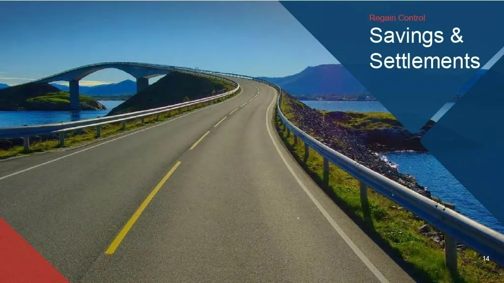 Progressive Debt Relief presentation slide titled "Regain Control: Savings & Settlements" featuring a scenic view of a winding coastal highway over a bridge.