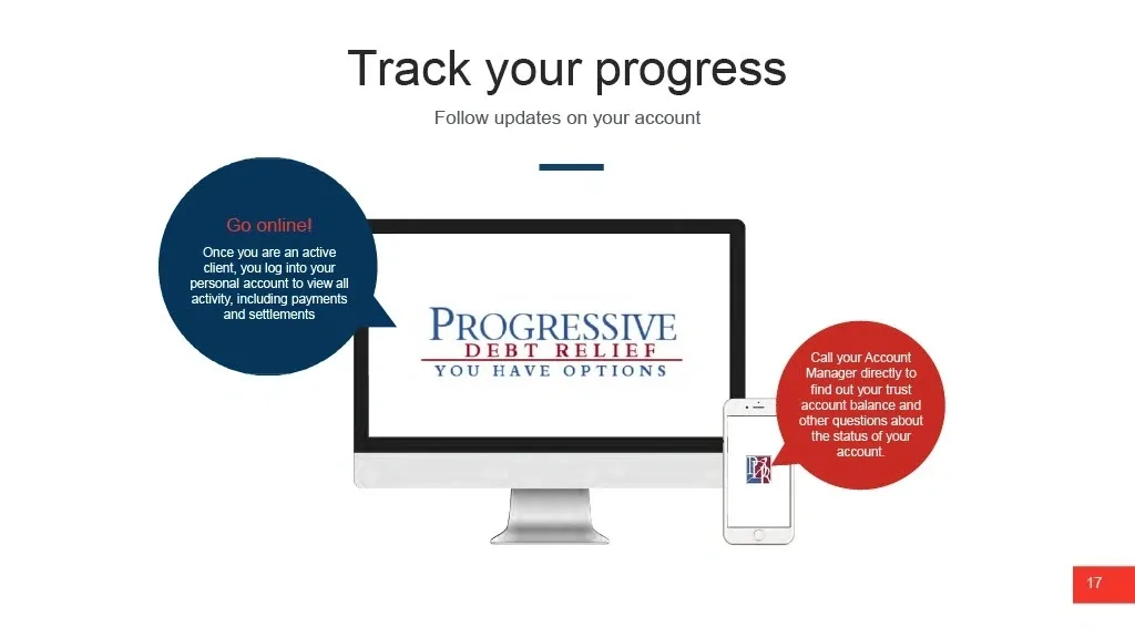 Slide titled "Track your progress: Follow updates on your account" showing a computer monitor displaying the PDR website portal and a mobile phone for calling account managers directly.