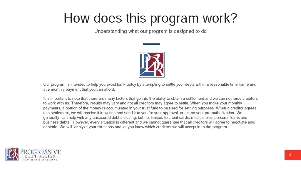 Slide titled "How does this program work?" featuring the Progressive Debt Relief logo, explaining how debt settlement helps clients avoid bankruptcy by negotiating lower payments on unsecured debts like credit cards and personal loans.