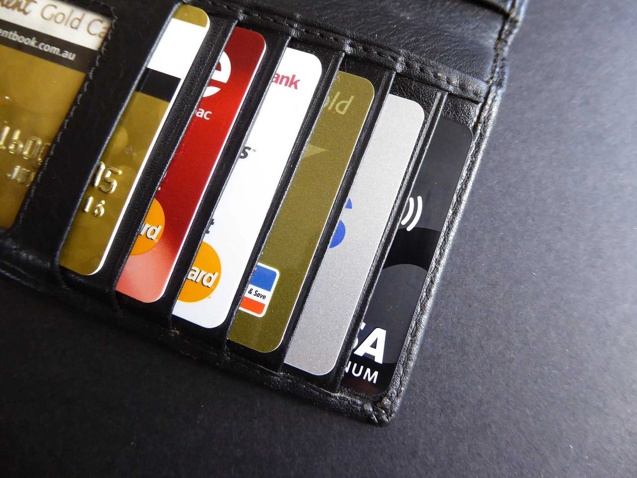 A wallet with different credit and debit cards.